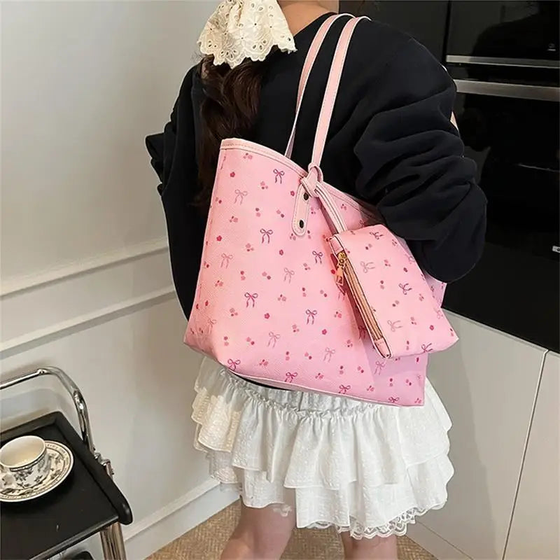 Women PU Floral Tote Bag Fashion Shoulder Bag Large Capacity Simple Tote Handbag Trendy Work Hobos Outdoor Travel Bag