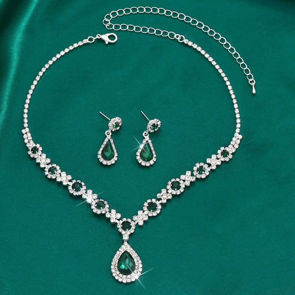 Crystal Jewelry Set - Water Drop Pendant Necklace & Earrings with Zircon