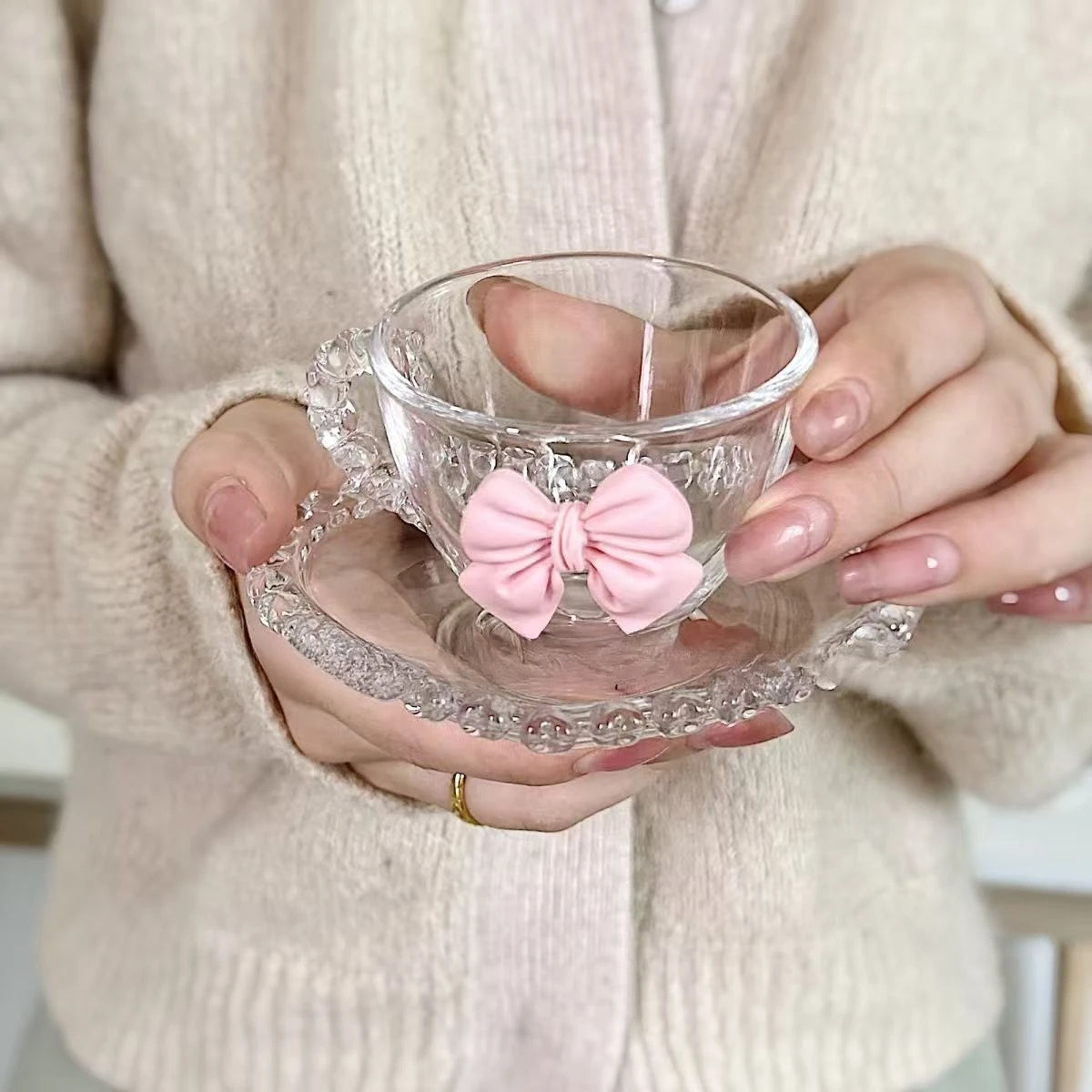Bow Shaped Glass Cup Niche Design Ins Handle Mug High Aesthetic Water Cup Home Coffee Cup and Plate Set Drinkware