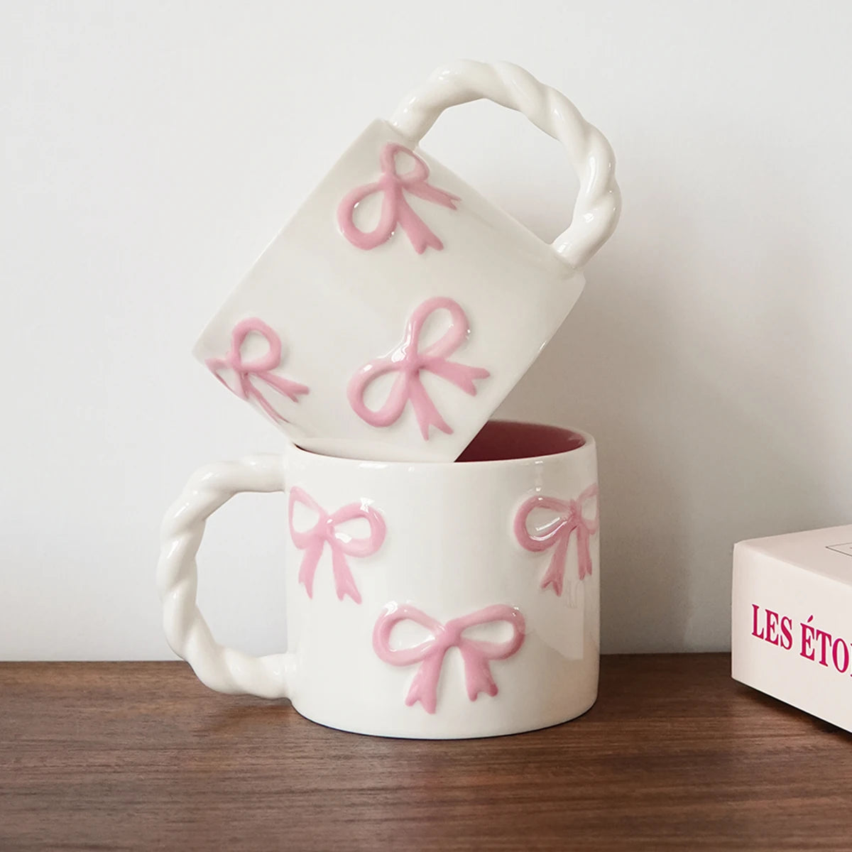 Pink Bow Ceramic Mug - 13.4oz Twist Handle Coffee Cup