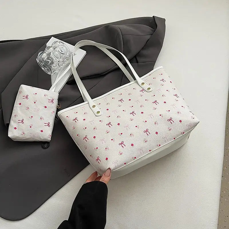 Women PU Floral Tote Bag Fashion Shoulder Bag Large Capacity Simple Tote Handbag Trendy Work Hobos Outdoor Travel Bag