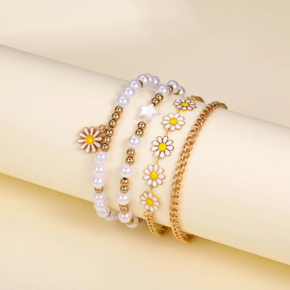 Girls Bracelet Watch Set - 5pcs Pentagram Daisy Pearl Jewelry