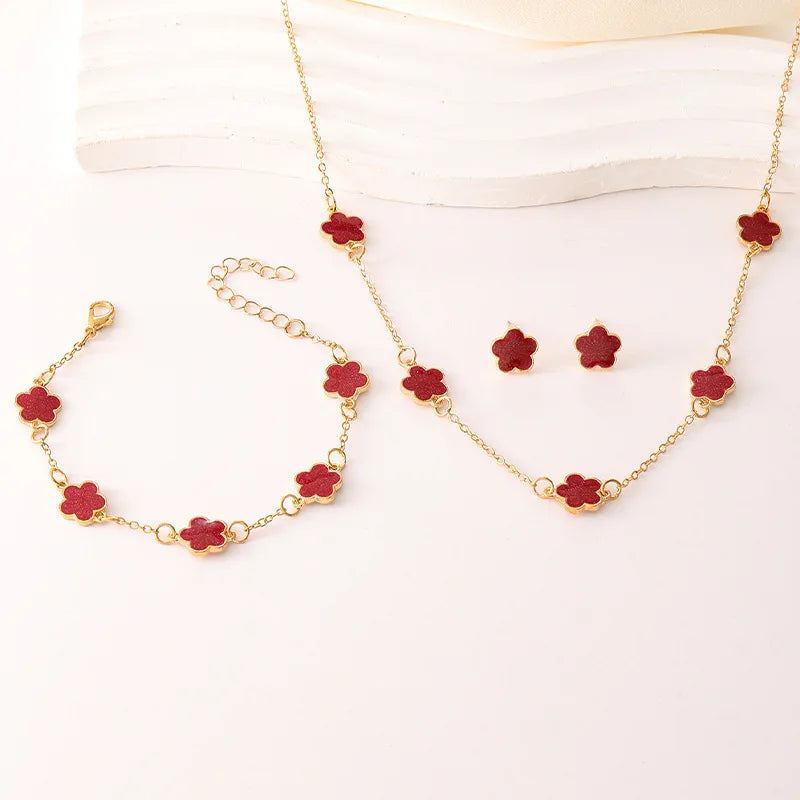 3-Piece Lucky Five-Petal Flower Jewelry Set - Necklace Bracelet Earrings