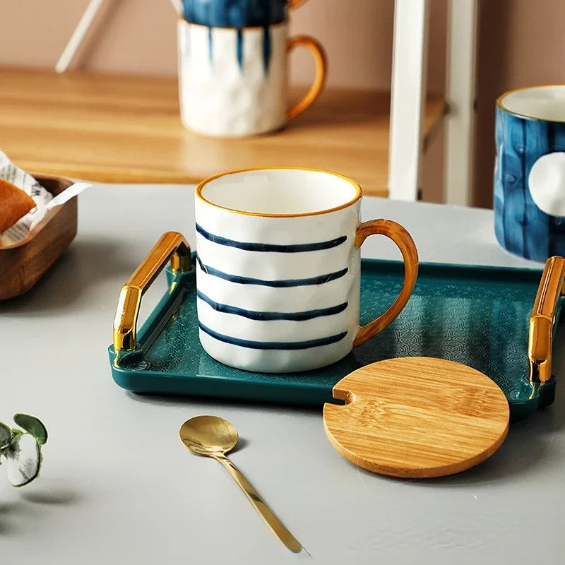 Japanese Hand-Painted Ceramic Mug with Lid & Spoon - Office Coffee Cup