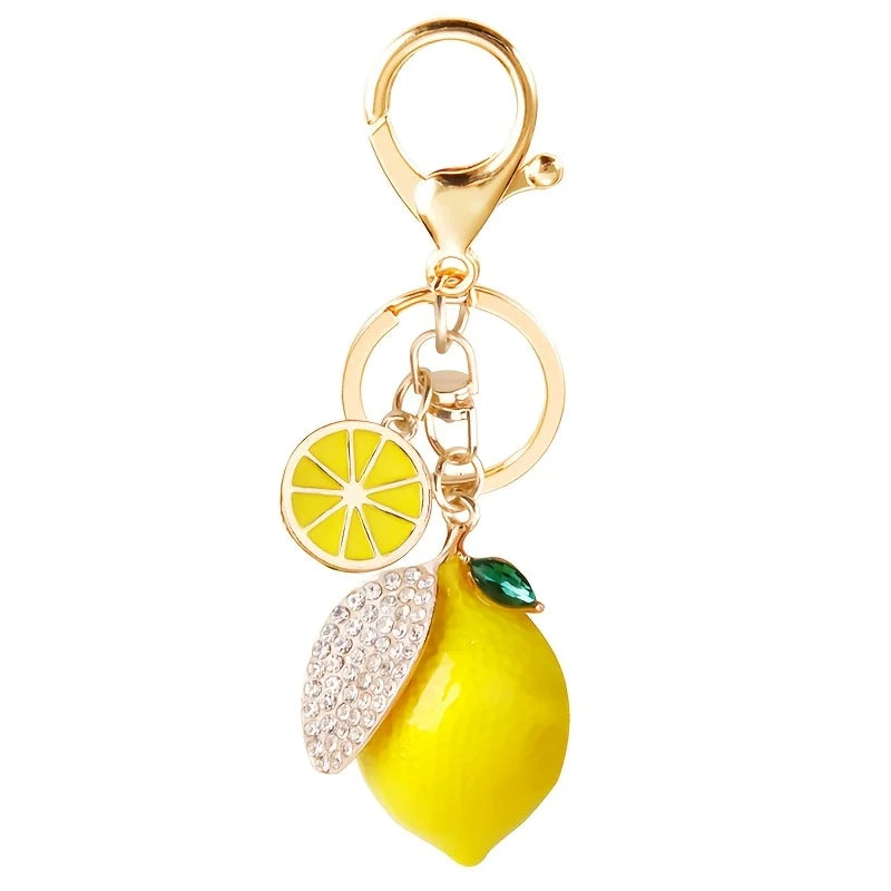 Summer Style Decorative Alloy Rhinestone Lemon Keychain with Lobster Clasp, Fruit Key Ring Bag & Car Decoration