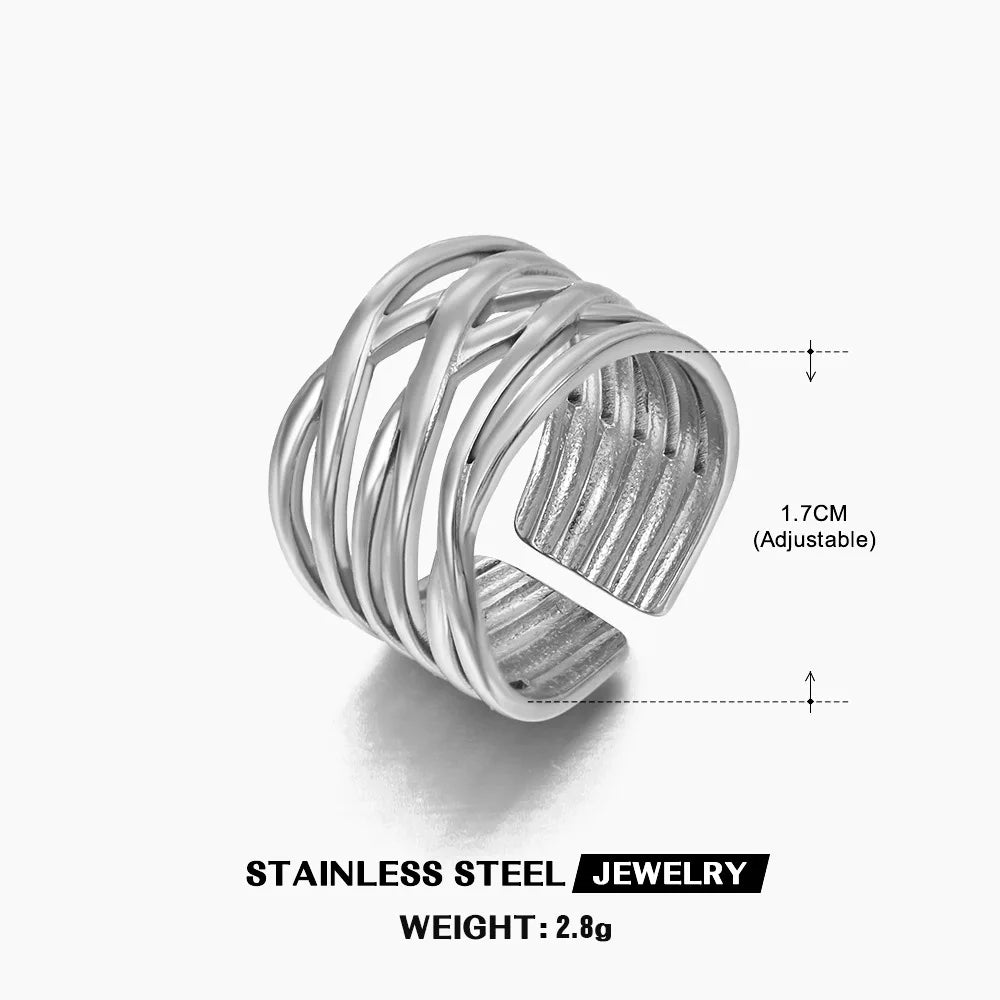Stainless Steel Wide Geometric Ring - Punk Style Wedding Band