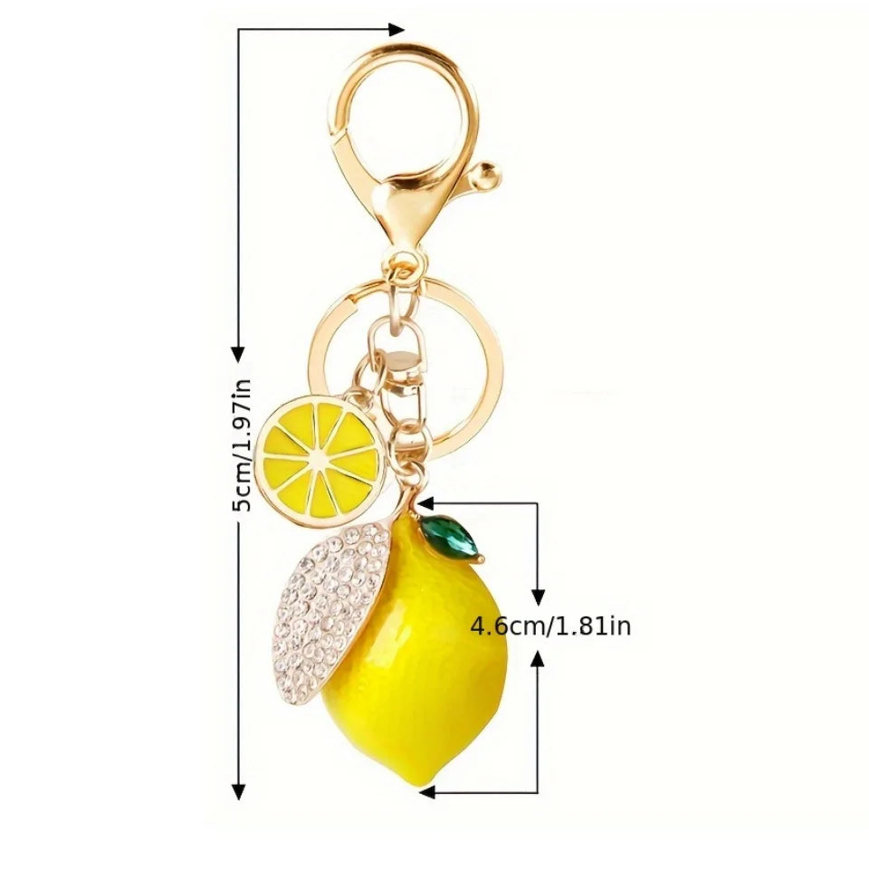Summer Style Decorative Alloy Rhinestone Lemon Keychain with Lobster Clasp, Fruit Key Ring Bag & Car Decoration