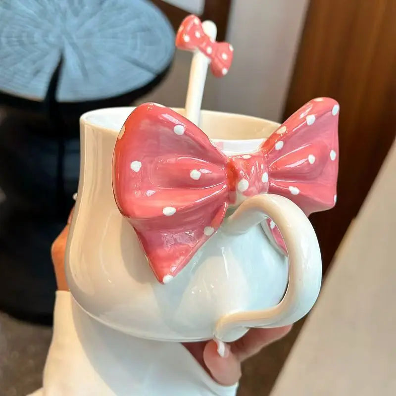 Bowtie Pink Coffee Cup Korean High Beauty Girl Heart Ceramic Mug with Spoon Girl School Home Breakfast Cup Drinkware