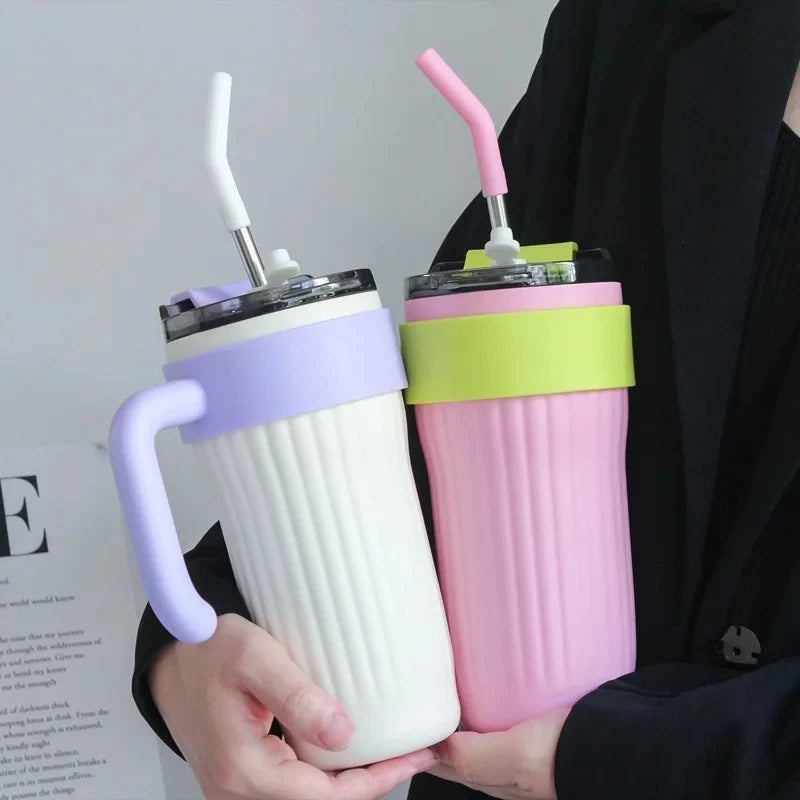 860ml Large Outdoor Thermal Tumbler with Straw - Car Cup Holder Size