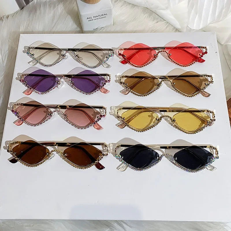 Diamond Vintage Brand Designer rhombus Sunglasses Women For Female Luxury Sun Glasses Punk Popular Half Frame Rhinestone Eyewear