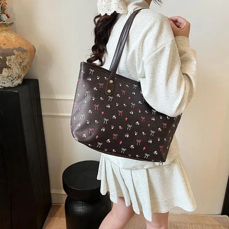 Women PU Floral Tote Bag Fashion Shoulder Bag Large Capacity Simple Tote Handbag Trendy Work Hobos Outdoor Travel Bag