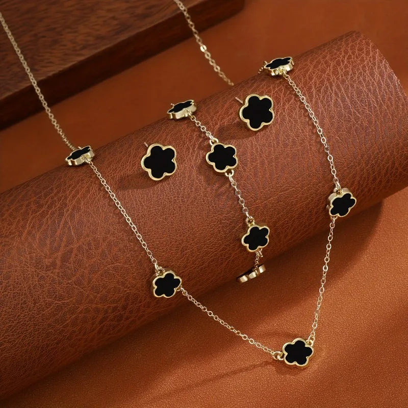 3-Piece Lucky Five-Petal Flower Jewelry Set - Necklace Bracelet Earrings