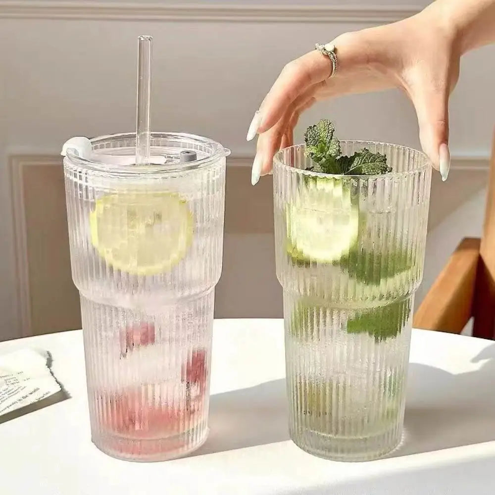600ml Vertical Striped Glass Coffee Mug with Lid and Straw, Transparent Tea Mug for Americano, Cappuccino, Tea and Drinks