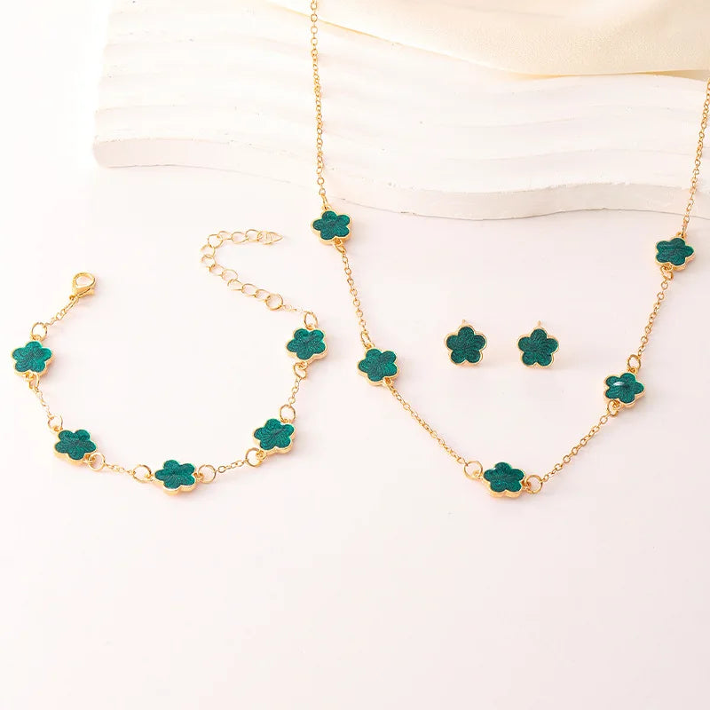3-Piece Lucky Five-Petal Flower Jewelry Set - Necklace Bracelet Earrings
