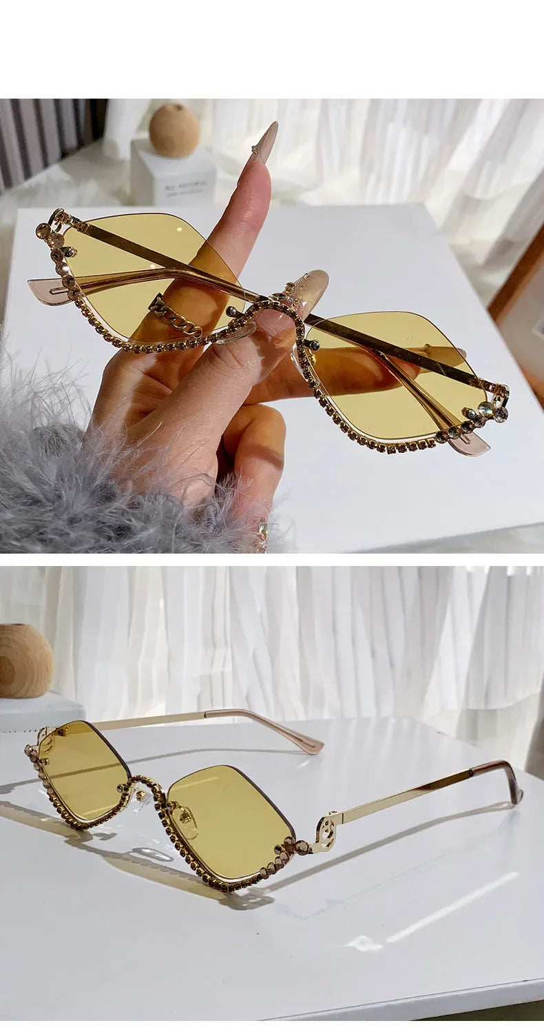Diamond Vintage Brand Designer rhombus Sunglasses Women For Female Luxury Sun Glasses Punk Popular Half Frame Rhinestone Eyewear