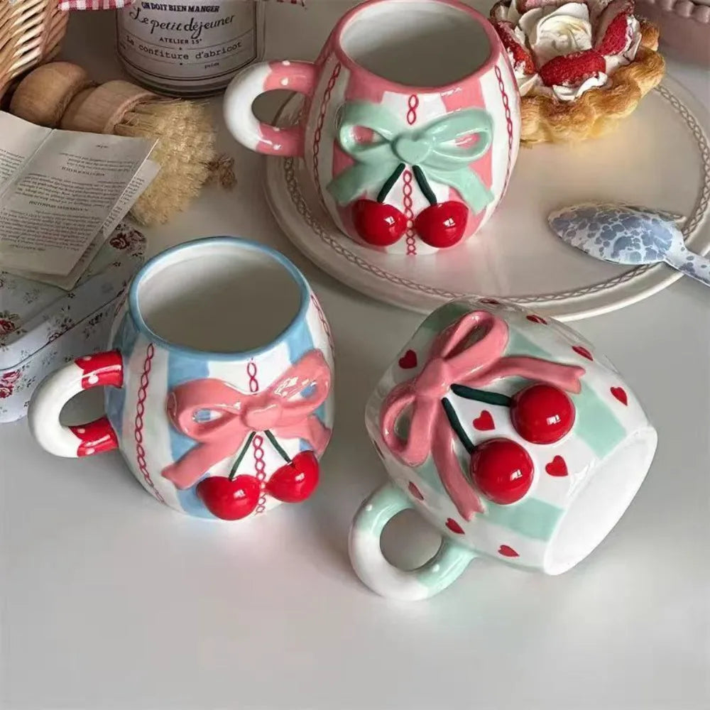 Bowtie Pink Coffee Cup Korean High Beauty Girl Heart Ceramic Mug with Spoon Girl School Home Breakfast Cup Drinkware