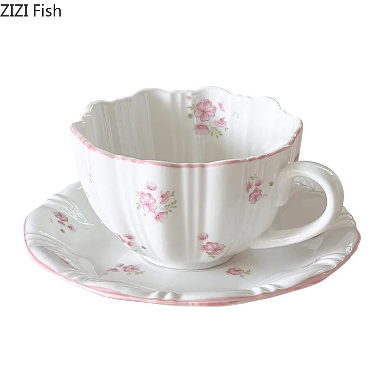 Lovely Pink Cherry Blossoms Mugs Porcelain Cup&saucer Tableware Coffee Mug Dining Table Afternoon Tea Teacup Fruits Juice Cup