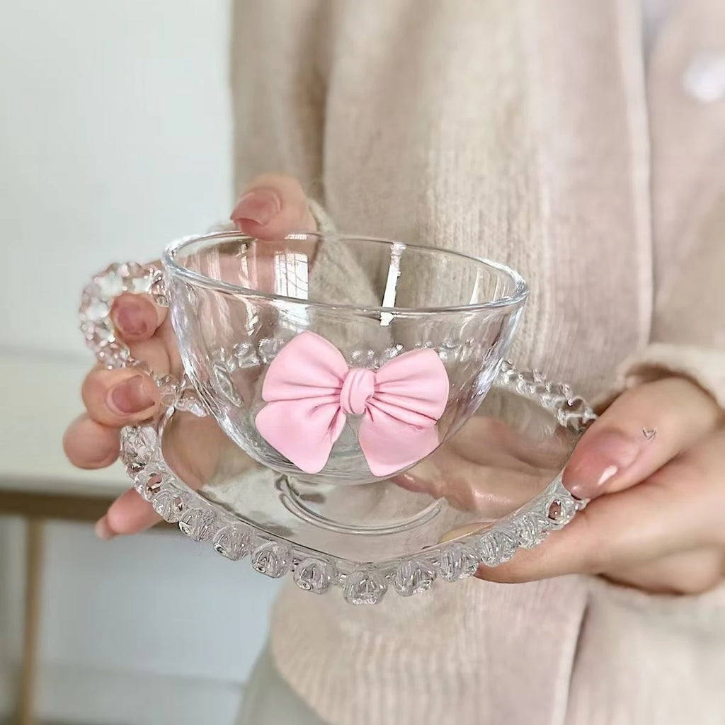 Bow Shaped Glass Cup Niche Design Ins Handle Mug High Aesthetic Water Cup Home Coffee Cup and Plate Set Drinkware
