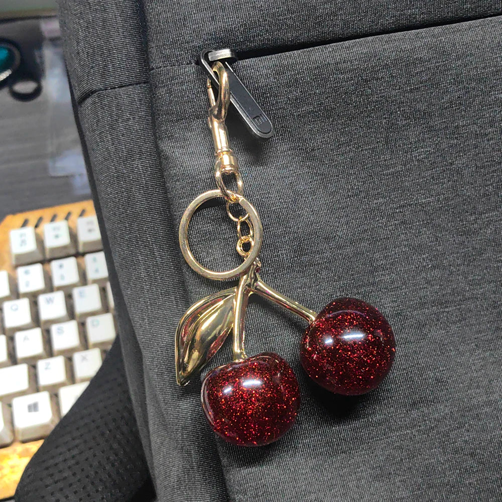 Red Cherry Fruit Bag Charm Keychain - Elegant 3-Color Key Ring for Women