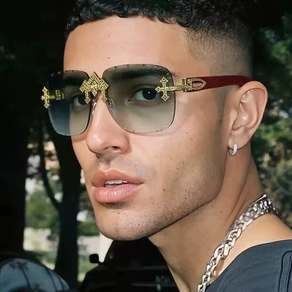 Vintage Rimless Square Cutting Lens Sunglasses Women For Men Luxury Brand Designer Popular Punk Fashion Diamond Cross Sun Glass
