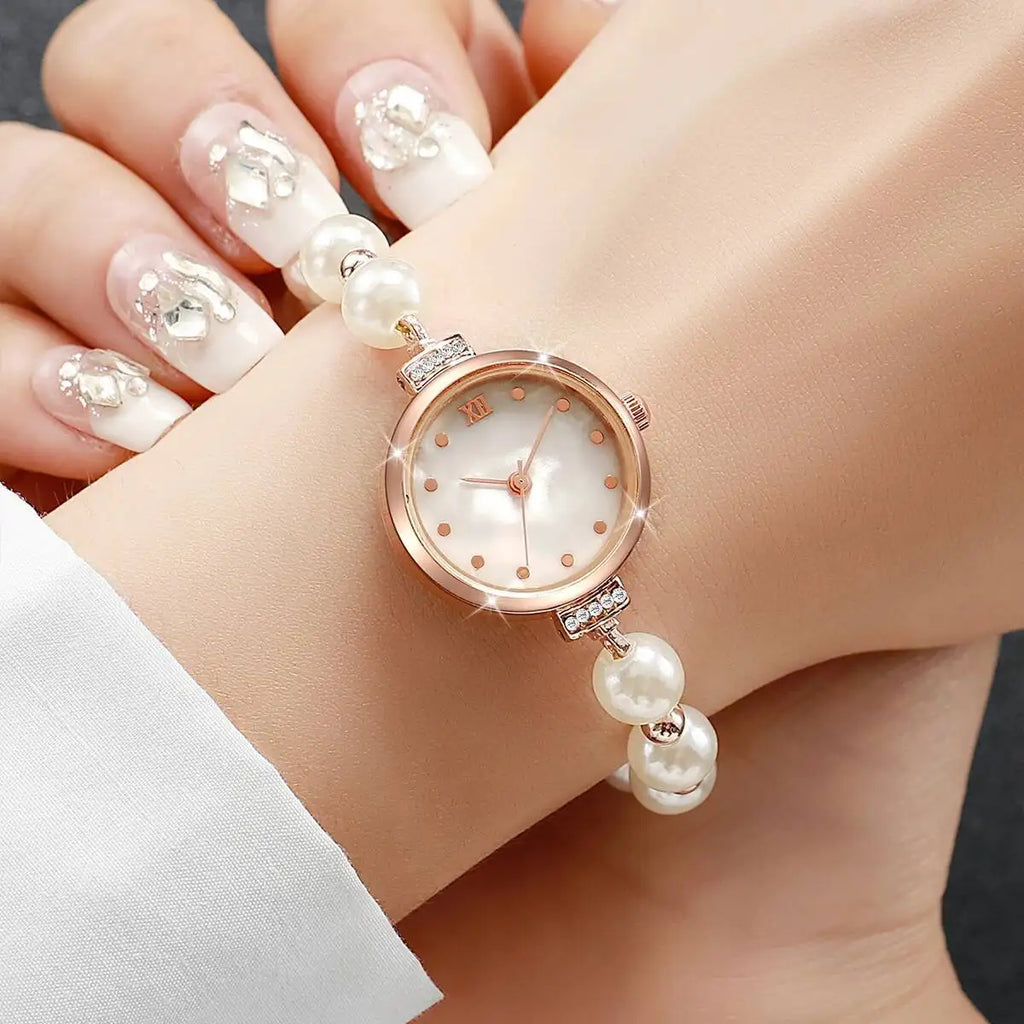 Fashion Women Watches Elegant Pearl Bracelet Band Quartz Wristwatch For Ladies Clock Reloj Mujer（Without Box）