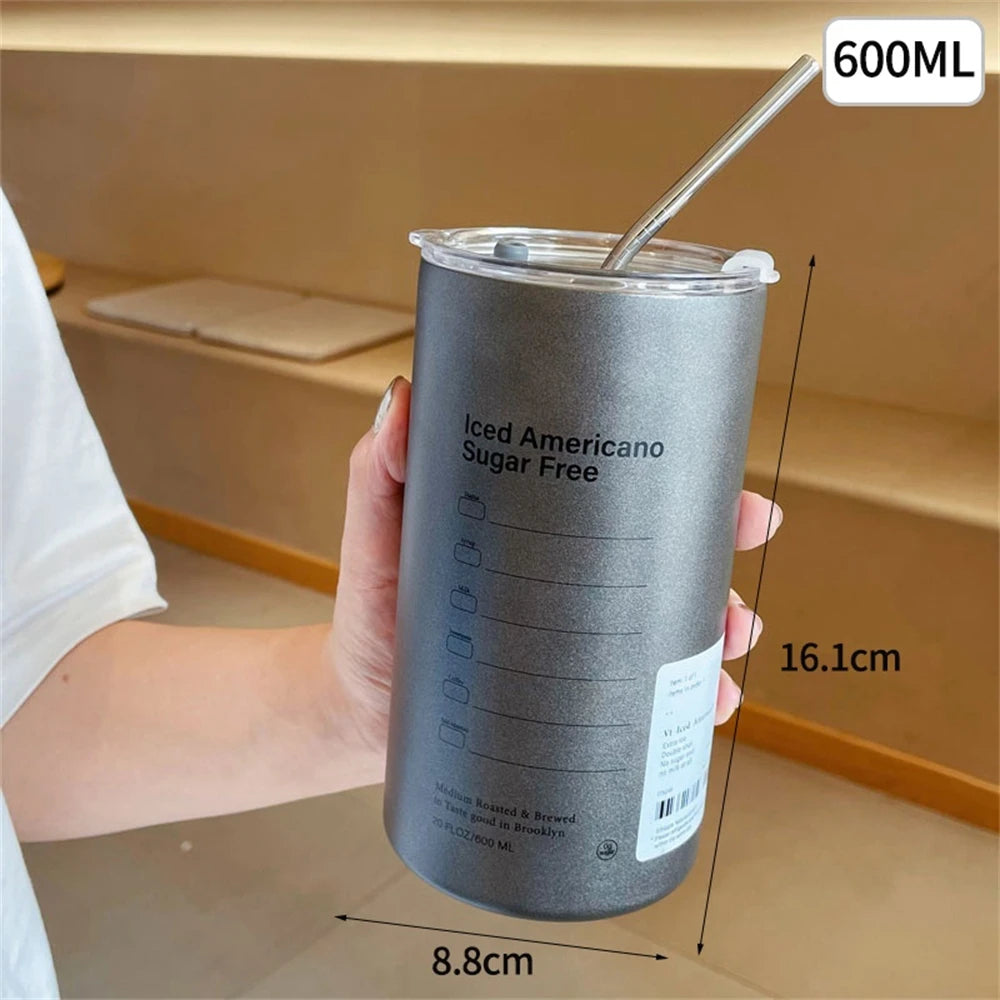 600ml Stainless Steel Thermos with Straw - BPA-Free Insulated Bottle