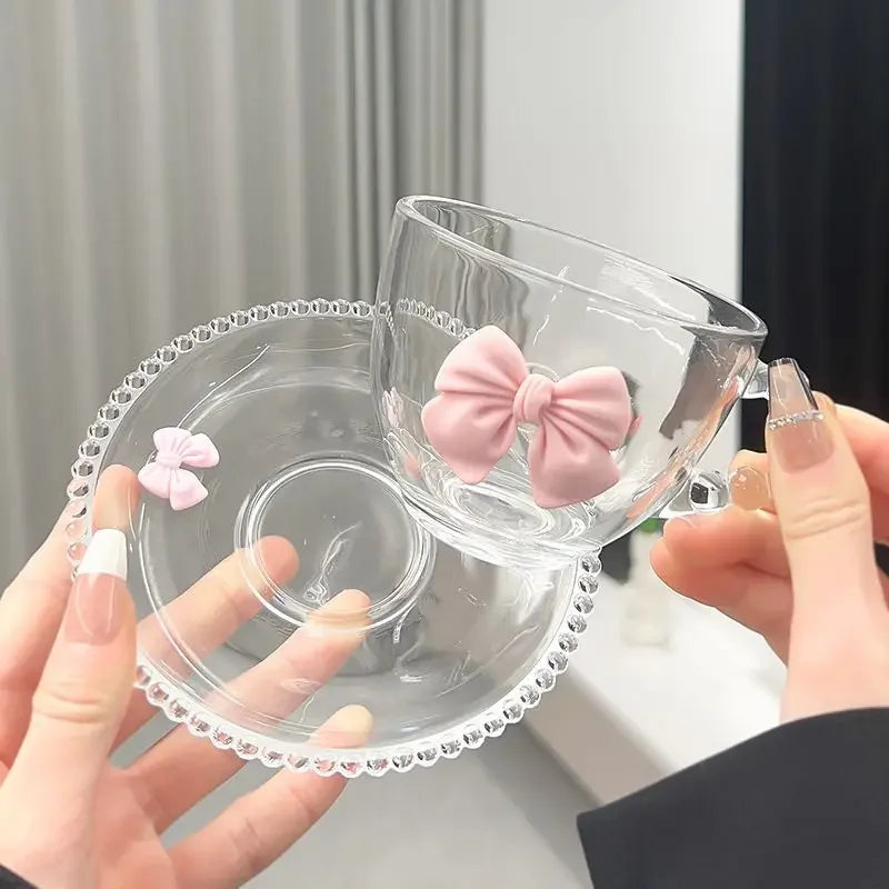 Bow Shaped Glass Cup Niche Design Ins Handle Mug High Aesthetic Water Cup Home Coffee Cup and Plate Set Drinkware
