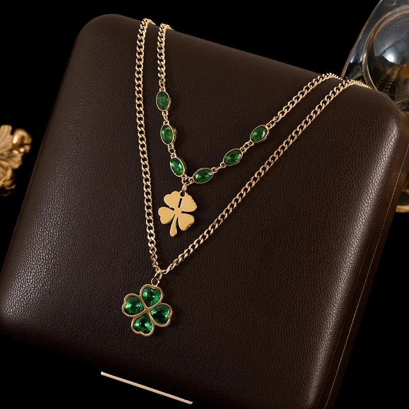 316L Stainless Steel Green Crystal Clover Jewelry Set - Waterproof