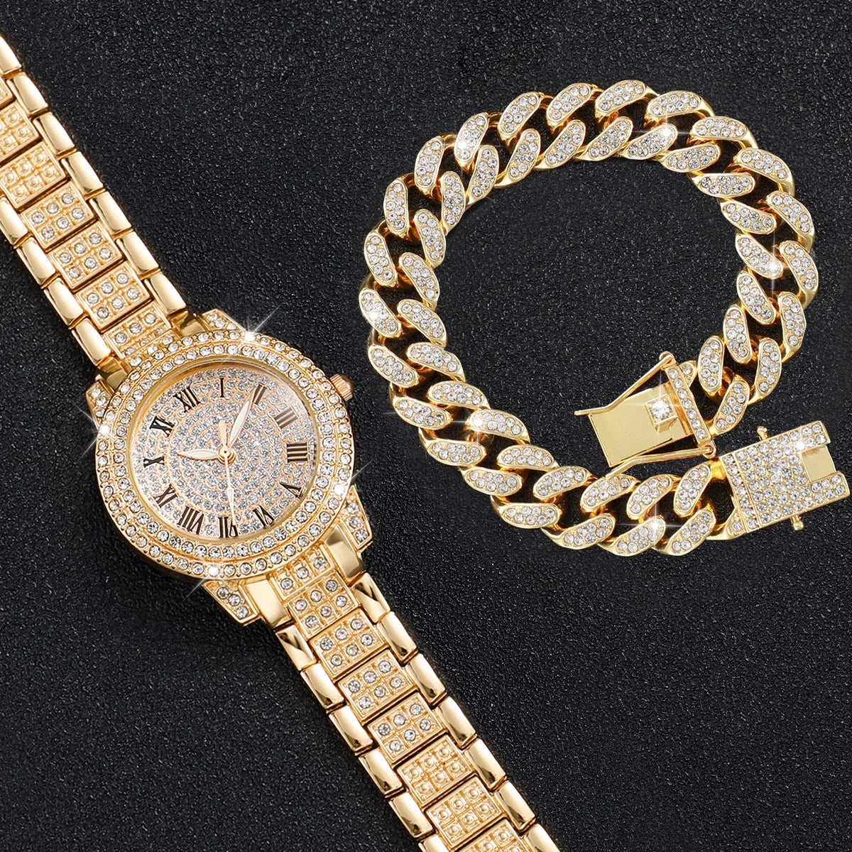 2PCS Women's Watch Fashion Diamond Gold Watch Ladies Wrist Watches Luxury Rhinestone Womens Bracelet Watches Relogio Feminino