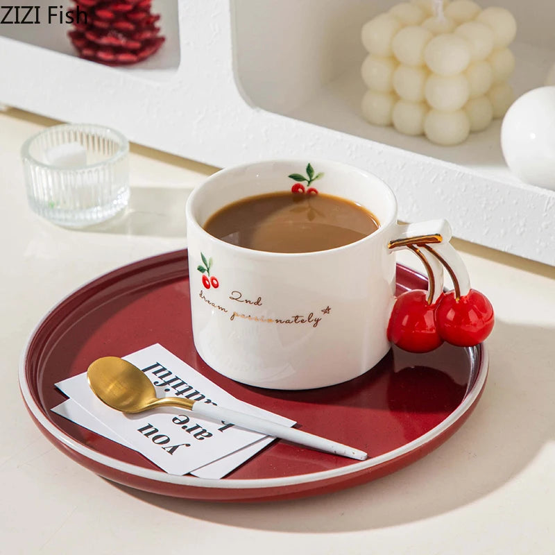 Cherry Printed Pattern Mugs Gilding Edge Porcelain Cup Tableware Coffee Mug Dining Table Afternoon Tea Teacup Fruits Juice Cup