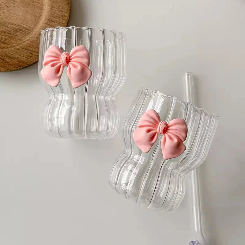 Cute Pink Bow Glass Water Cup - Cartoon Striped Coffee Mug