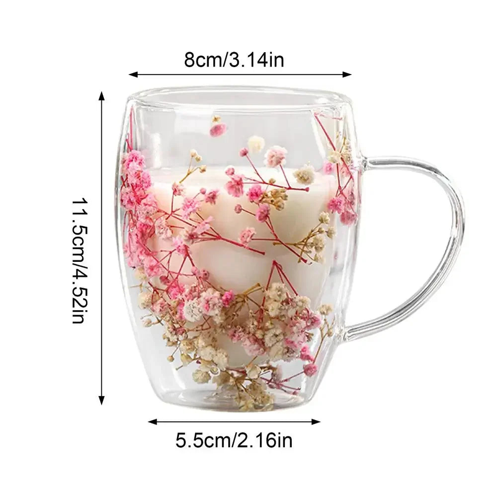 Double Wall Glass Coffee Cup 350ml - Heat Resistant with Dried Flowers