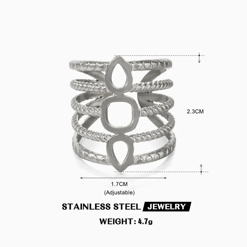 Stainless Steel Wide Geometric Ring - Punk Style Wedding Band