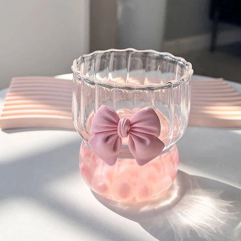 Cute Pink Bow Glass Water Cup - Cartoon Striped Coffee Mug