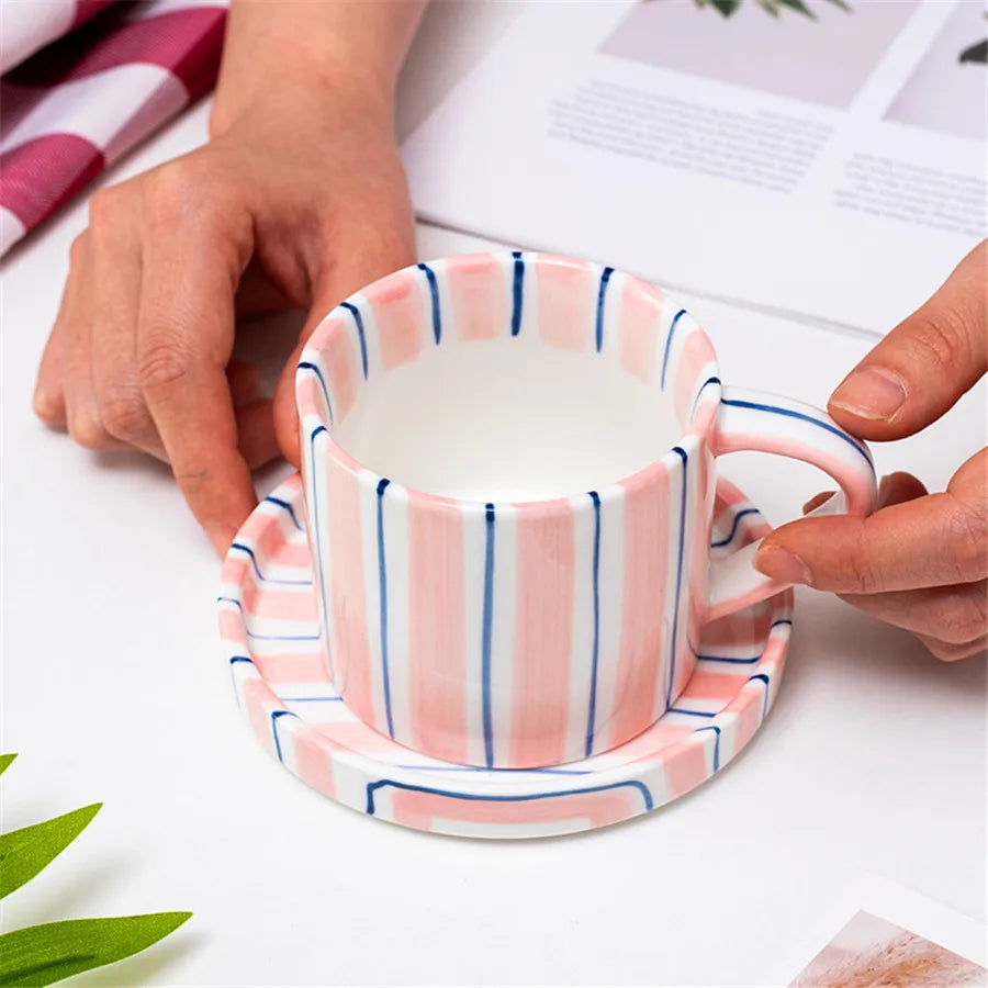 Minimalist Striped Ceramic Cup & Plate Set - 280ml Coffee Tea Set