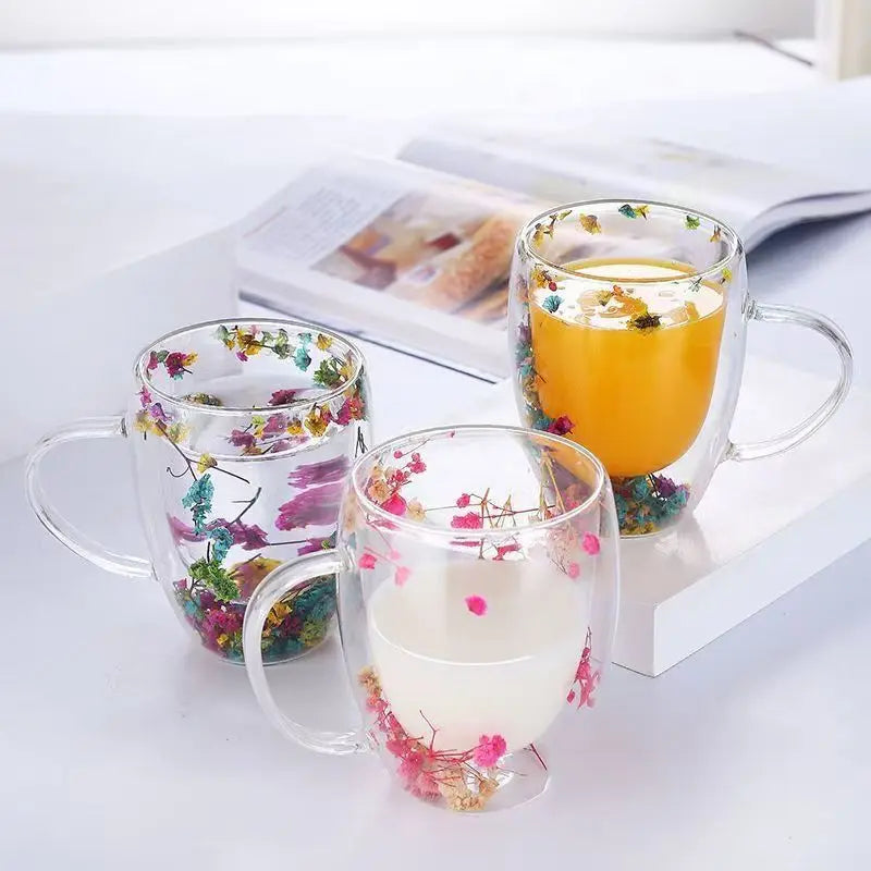 Double Wall Glass Coffee Cup 350ml - Heat Resistant with Dried Flowers